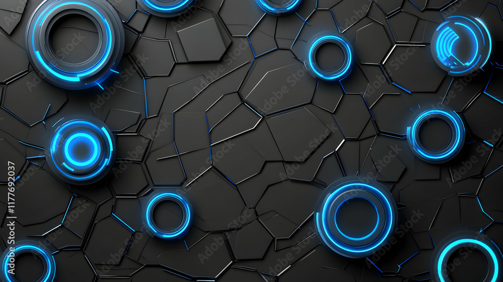 Poster abstract dark background with glowing blue circular elements on a cracked hexagonal surface. ideal f