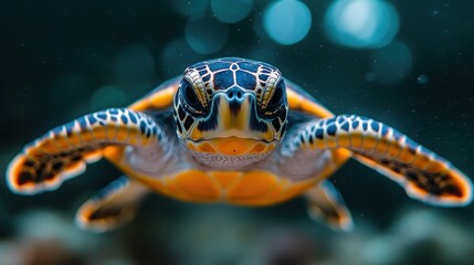 Close-up of a baby sea turtle swimming underwater.