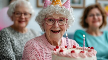 A joyful elderly woman celebrates her birthday with a cake and friends, wearing a party hat, surrounded by a festive atmosphere.