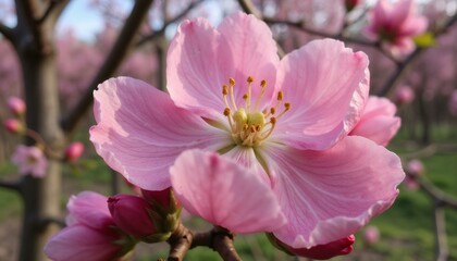 Close-up of a beautiful pink flower in a blooming orchard