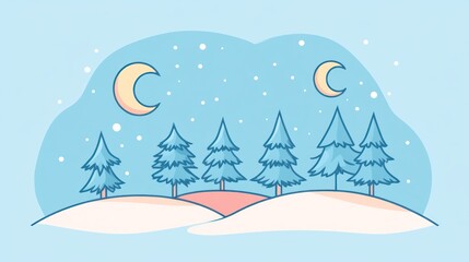 Snowy winter night landscape with pine trees, moon, and falling snow; holiday card