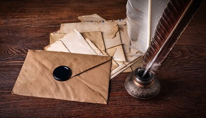 Vintage letters and a quill holder on a wooden table. Generated image
