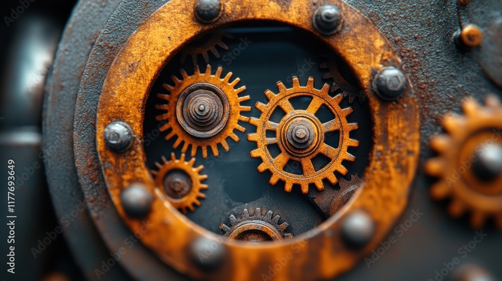 Poster close-up of intricate, rusty gears and cogs in a steampunk-style machine.