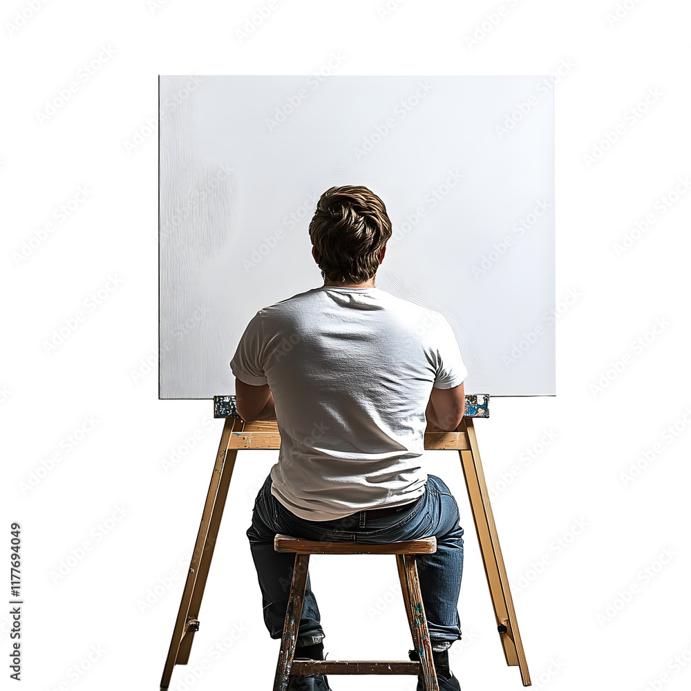 Poster man sitting on a chair with a blank canvas isolated on transparent background, artist with canvas