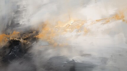 A modern abstract composition featuring intricate gray textures and bold, luminous gold brush strokes, showcasing a refined contrast and contemporary artistic design. 