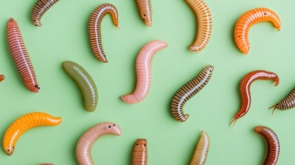 Earthworms and larvae arranged on a green background, photographed with macro focus and vibrant tones.