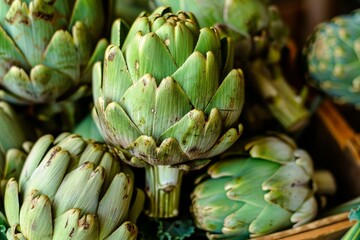 Fototapeta premium Freshly picked artichokes in a pile showing texture and detail
