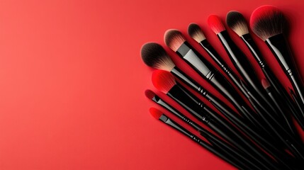 Elegant arrangement of luxury makeup brushes with red tips on a clean red backdrop.