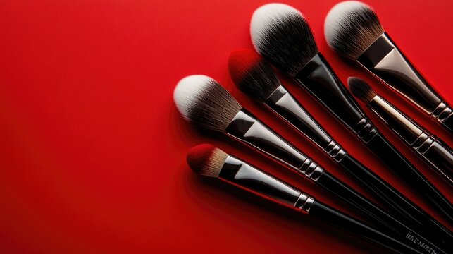 Elegant arrangement of luxury makeup brushes with red tips on a clean red backdrop.