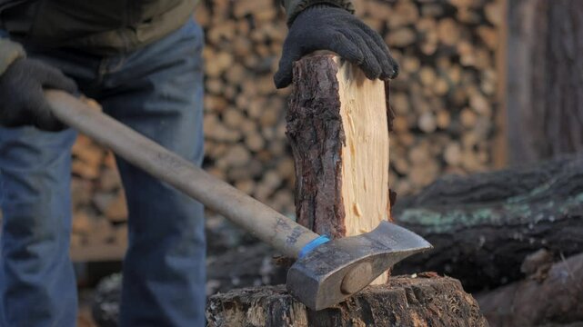 A person wearing gloves uses an axe to split a piece of firewood in a cozy outdoor environment. Stacks of logs create a warm, rustic backdrop under soft natural light.