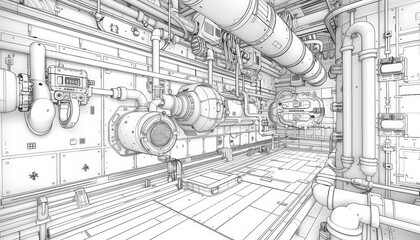 Intricate line art of a futuristic industrial space. Perfect for sci-fi settings, blueprints, or technical illustrations. Ideal for game design or concept art.