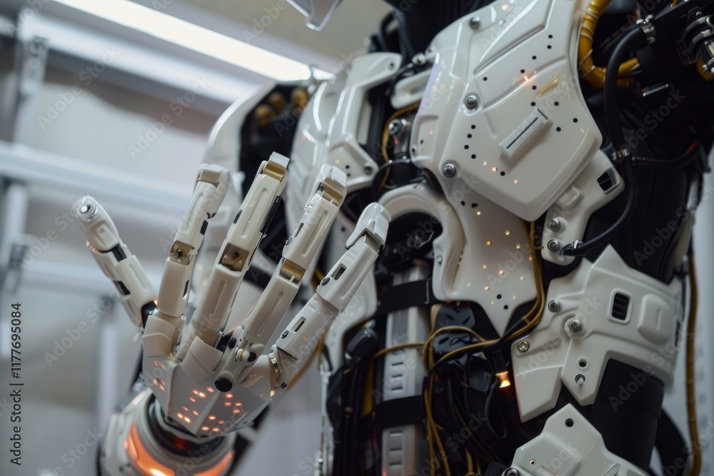 Poster white humanoid robot is extending its hand, illuminated with glowing lights, perhaps in a gesture of