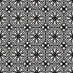 Seamless pattern featuring intricate black geometric shapes on a white background, creating a bold, symmetrical, and decorative design.