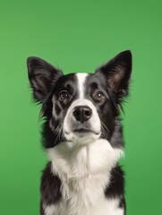 Border Collie Portrait: A captivating portrait of a black and white Border Collie against a vibrant green background. The dog gazes directly at the camera with intelligent, expressive eyes.  