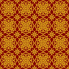 Seamless pattern featuring intricate golden motifs with floral and scroll elements, arranged symmetrically on a rich red background for a luxurious design.