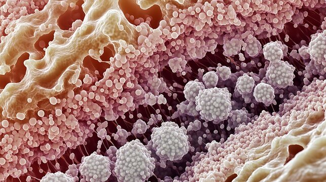 High magnification of epithelial tissue showing cell layers, a realistic close-up of epithelial tissue showing multiple layers of cells, with sharp contrast and color saturation.