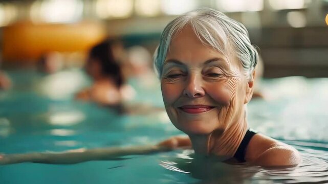 A senior woman engages in water exercises in a swimming pool surrounded by other participants. The environment promotes fitness and wellness among older adults, fostering community and health
