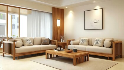 Modern Minimalist Living Room with Beige Sofa and Wooden Coffee Table