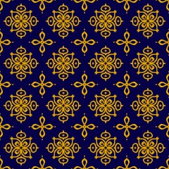 Seamless decorative pattern featuring intricate gold floral motifs arranged symmetrically on a deep navy background, creating a luxurious and refined design.