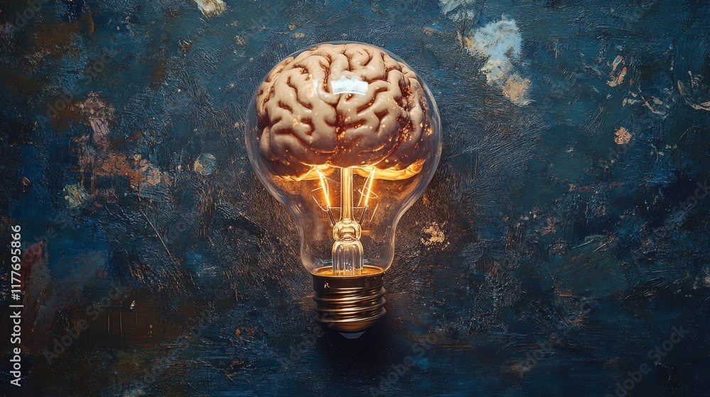Poster illuminated brain inside a lightbulb on dark background