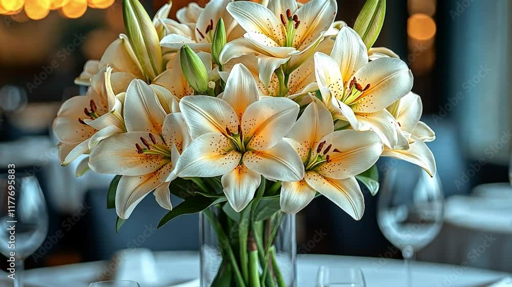 Poster a stunning bouquet of white lilies adorns a dining table, creating a warm and inviting atmosphere fo