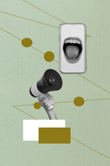 Banner vertical photo trend image collage of hand hold megaphone propaganda mouth scream phone fake...
