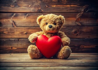 Obraz premium Romantic Valentine's Day Teddy Bear with Red Heart on Wooden Background - Long Exposure Stock Photo