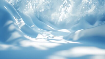 Abstract blue backdrop with sunlight and blurred shadows for product presentations in winter.