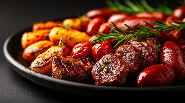 Closeup of colorful Spanish tapas on a rustic plate, bustling street market