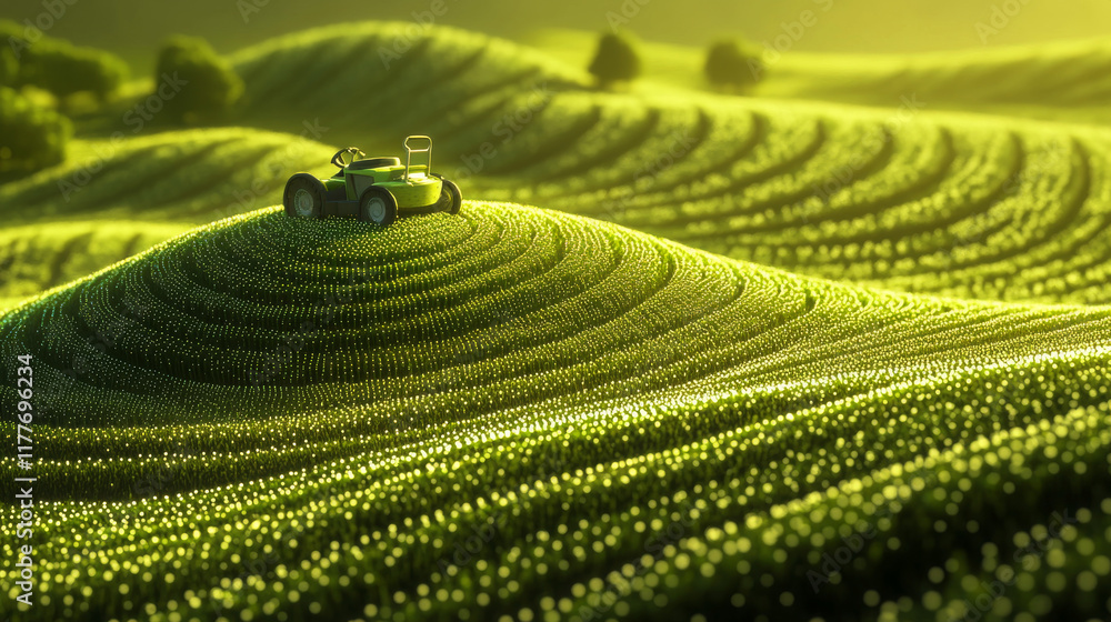 Poster mowing the grass from the particles. silhouette mows the grass consists of dots and circles. vector 