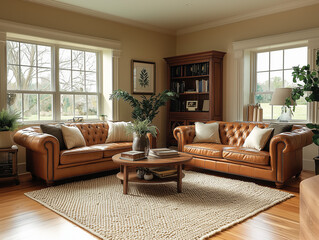 Home interior, soft leather sofas, light oak furniture, and neutral beige walls, a woolen area rug, green plants and decorative books, wood flooring