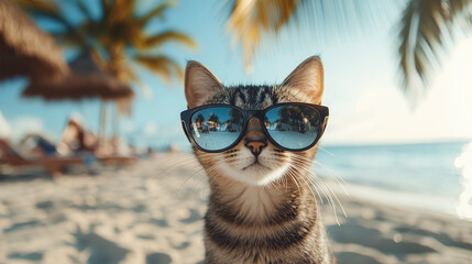Obraz premium Closeup of sunglasses on cat on sand beach, blurred palm trees and sea or ocean water. tropical summer holiday or vacation style, accessories, eyewear protection.