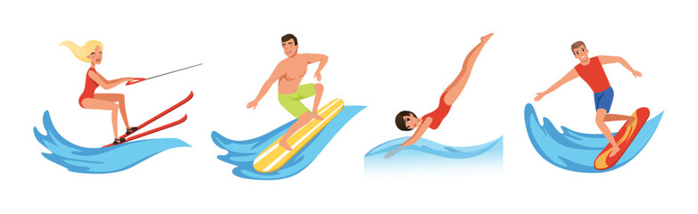 Man and Woman Enjoy Water Sport Activity Vector Set