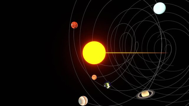 A solar system simulation animation with the sun shining at the center, surrounded by planets orbiting in circular paths. Perfect for educational content, scientific presentations, and multimedia.