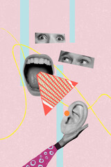 Creative artwork template image 3D collage of caricature fragment face eye watch mouth lips scream...