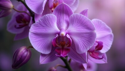Obraz premium Close-up of a pink orchid flower with delicate petals and soft purple background