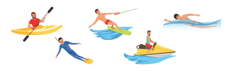Man Enjoy Water Sport Activity Vector Set