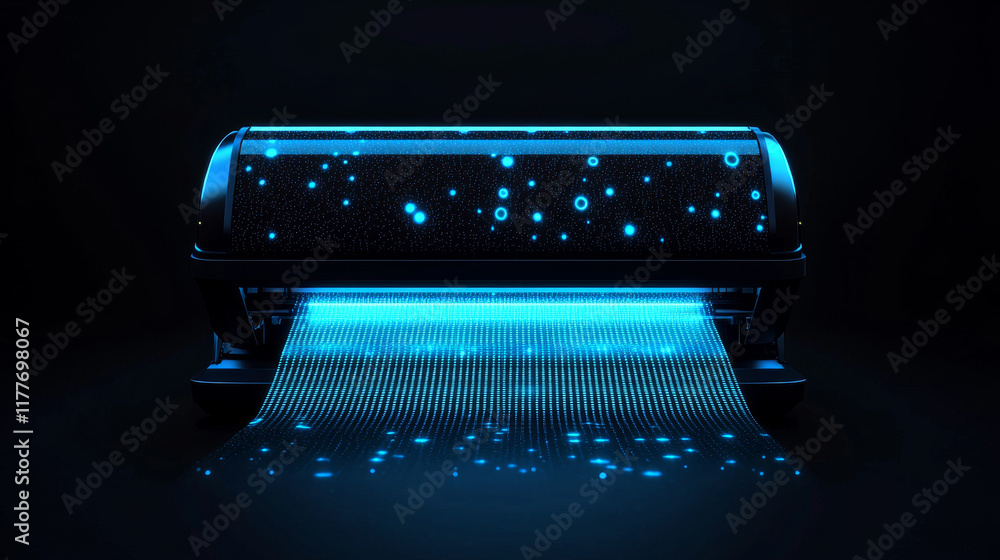 Poster printer which consists of points. particles in the form of a printer on a dark background. vector il