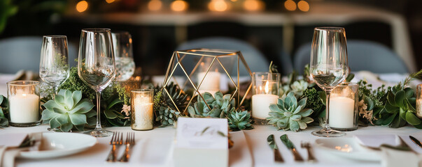 Elegant chic wedding reception table set with modern decor and greenery in an intimate setting during evening hours