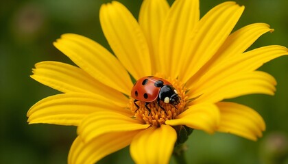 Fototapeta premium Close-up of a ladybug on a vibrant yellow flower with soft green background