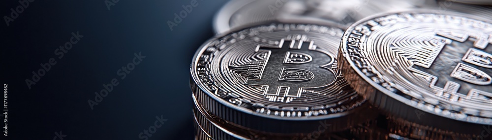 Poster a close-up view of bitcoin coins stacked, showcasing their intricate design against a dark backgroun