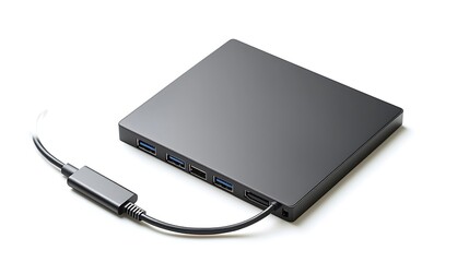 A black laptop with a black cord attached to it
