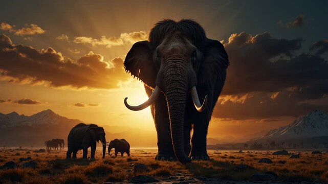 Mammoth Silhouetted Against a Dramatic Sunset in the Wilderness