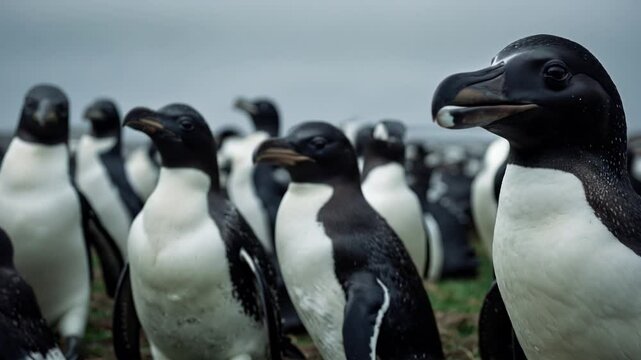 Close-Up of Great Auk Among a Colony of Birds on a Misty Shoreline