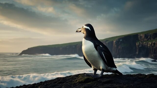 Great Auk Perched on a Rocky Cliff Overlooking Ocean Waves