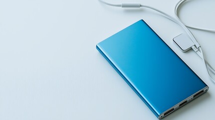A blue cell phone is sitting on a table next to a white cord