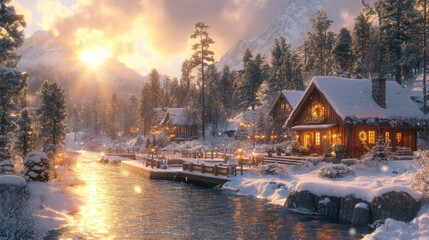 Fototapeta premium Cozy winter cabins by a snowy river at sunset.