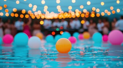 A vibrant pool party scene with colorful floating balls and glowing string lights, creating a festive atmosphere.