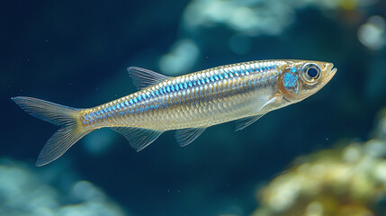 Sardine fish swimming underwater in sea or ocean, marine life and aquatic ecosystems, tropical wildlife food with a deep blue nautical background.