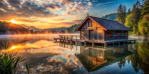 Fototapeta premium Rustic Boathouse on Calm Lake at Dawn - High Resolution Stock Photo